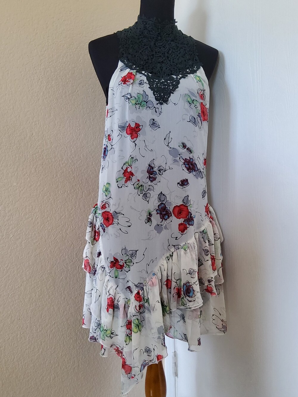 NWOT Love Stitch Lace Halter Asymmetrical Ruffle Floral Dress M
